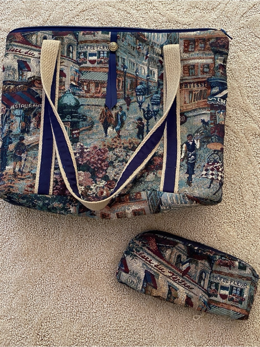 Kay King Tapestry Needlepoint Tote Bag Lined Blue Green Parisian Scene USA Made